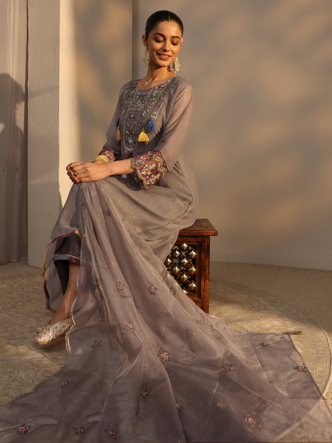  Grey Ethnic Embroidered Organza A-Line Suits Set With Dupatta 