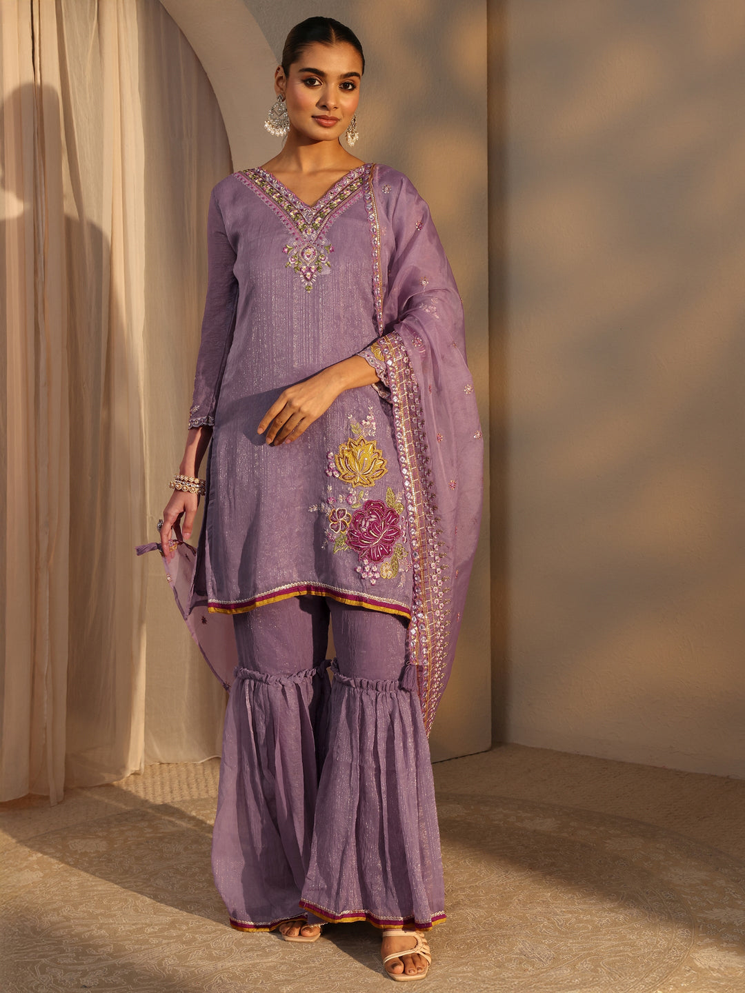  Lavender Woven Design Chiffon Straight Suits Set With Dupatta 