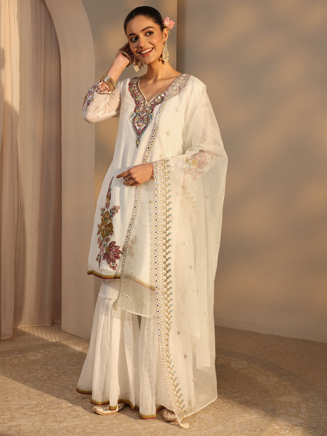  Off White Woven Design Chiffon Straight Suits Set With Dupatta 