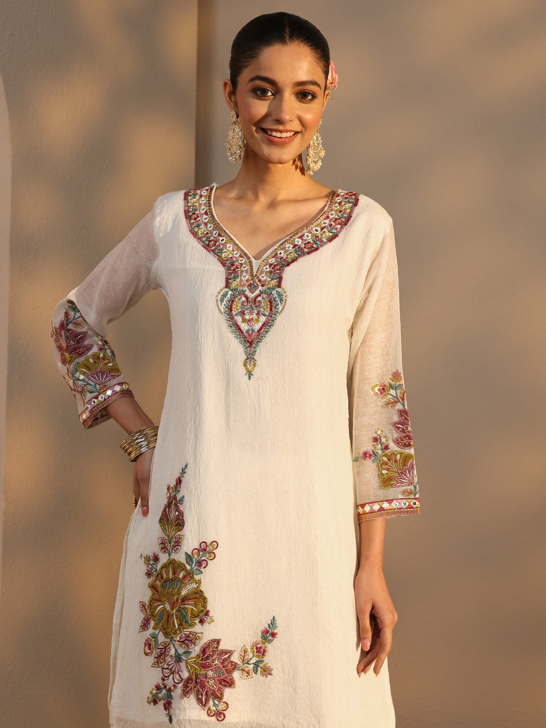  Off White Woven Design Chiffon Straight Suits Set With Dupatta 