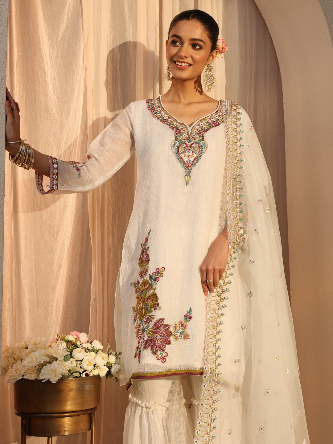  Off White Woven Design Chiffon Straight Suits Set With Dupatta 