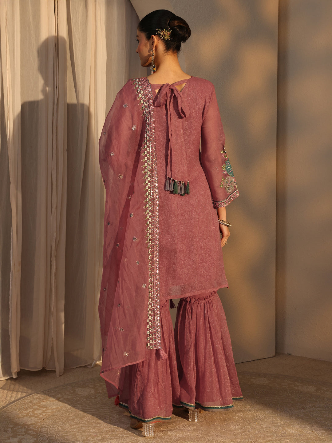  Peach Woven Design Chiffon Straight Suits Set With Dupatta 