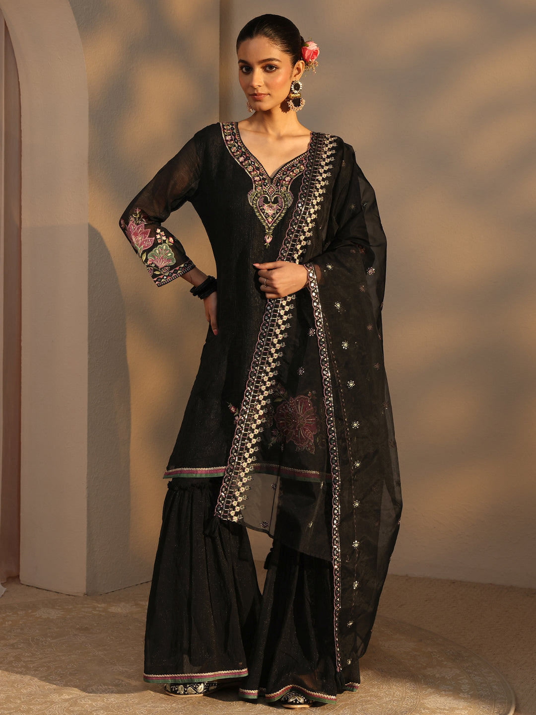  Black Woven Design Chiffon Straight Suits Set With Dupatta 