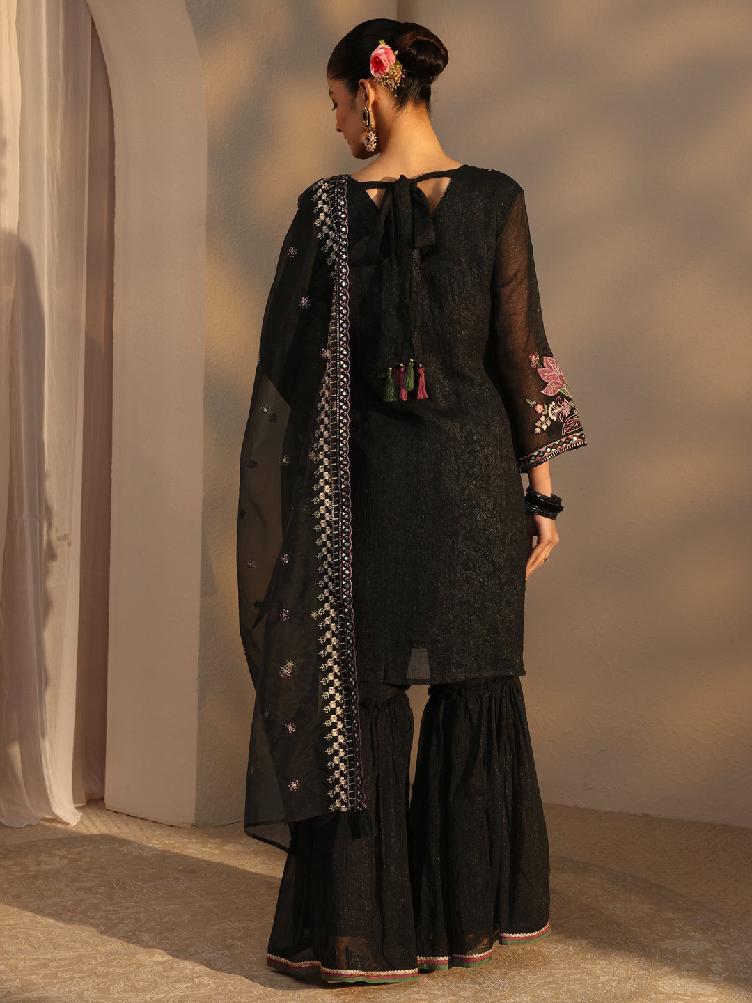  Black Woven Design Chiffon Straight Suits Set With Dupatta 