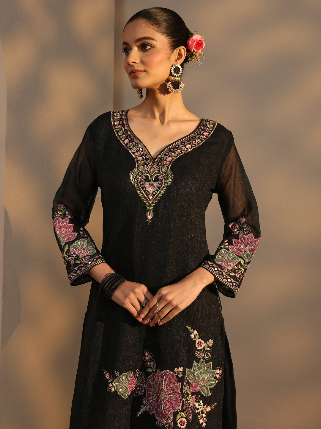  Black Woven Design Chiffon Straight Suits Set With Dupatta 