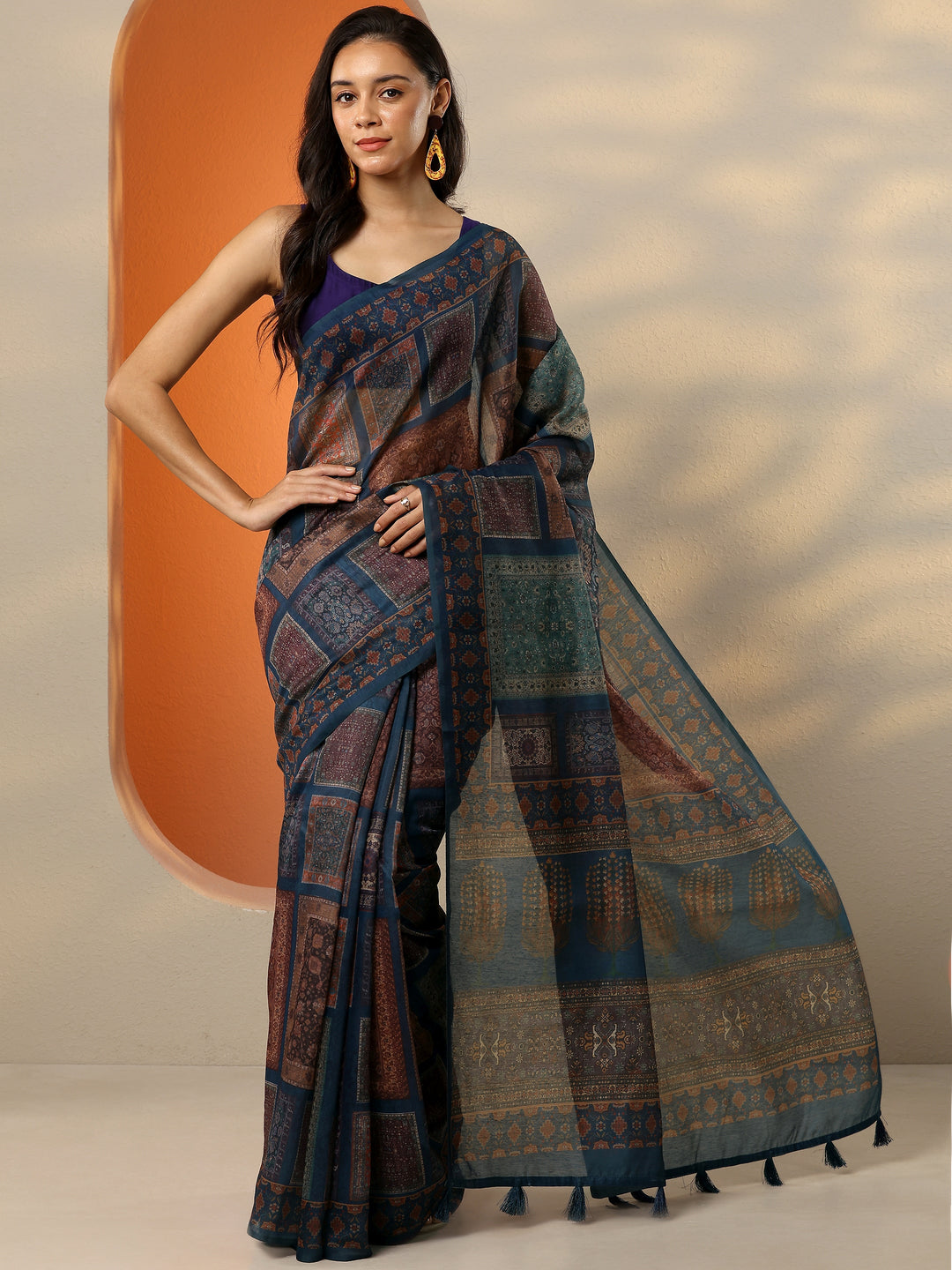  Blue Printed Silk Blend Saree With Unstitched Blouse Piece 