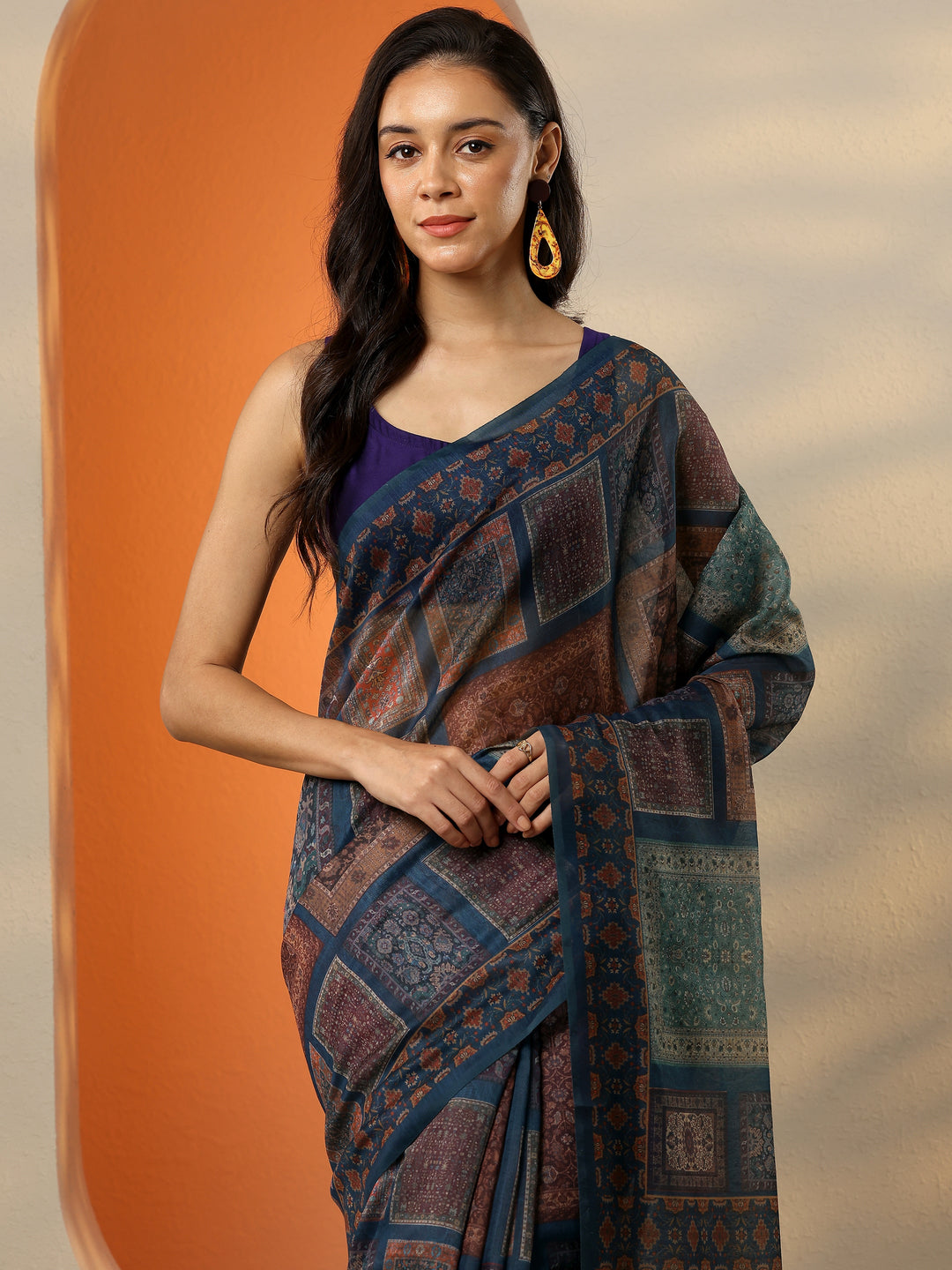  Blue Printed Silk Blend Saree With Unstitched Blouse Piece 
