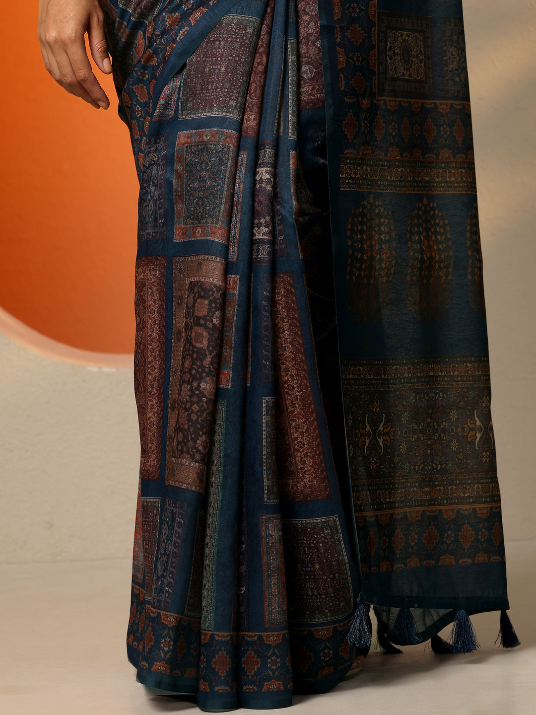  Blue Printed Silk Blend Saree With Unstitched Blouse Piece 