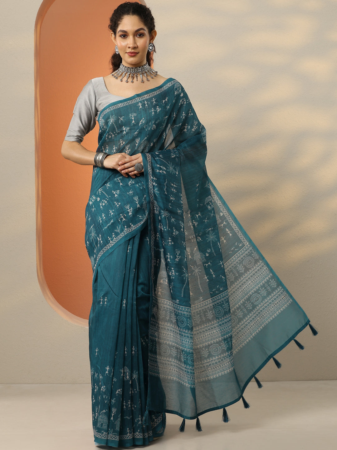  Blue Printed Silk Blend Saree With Unstitched Blouse Picece 