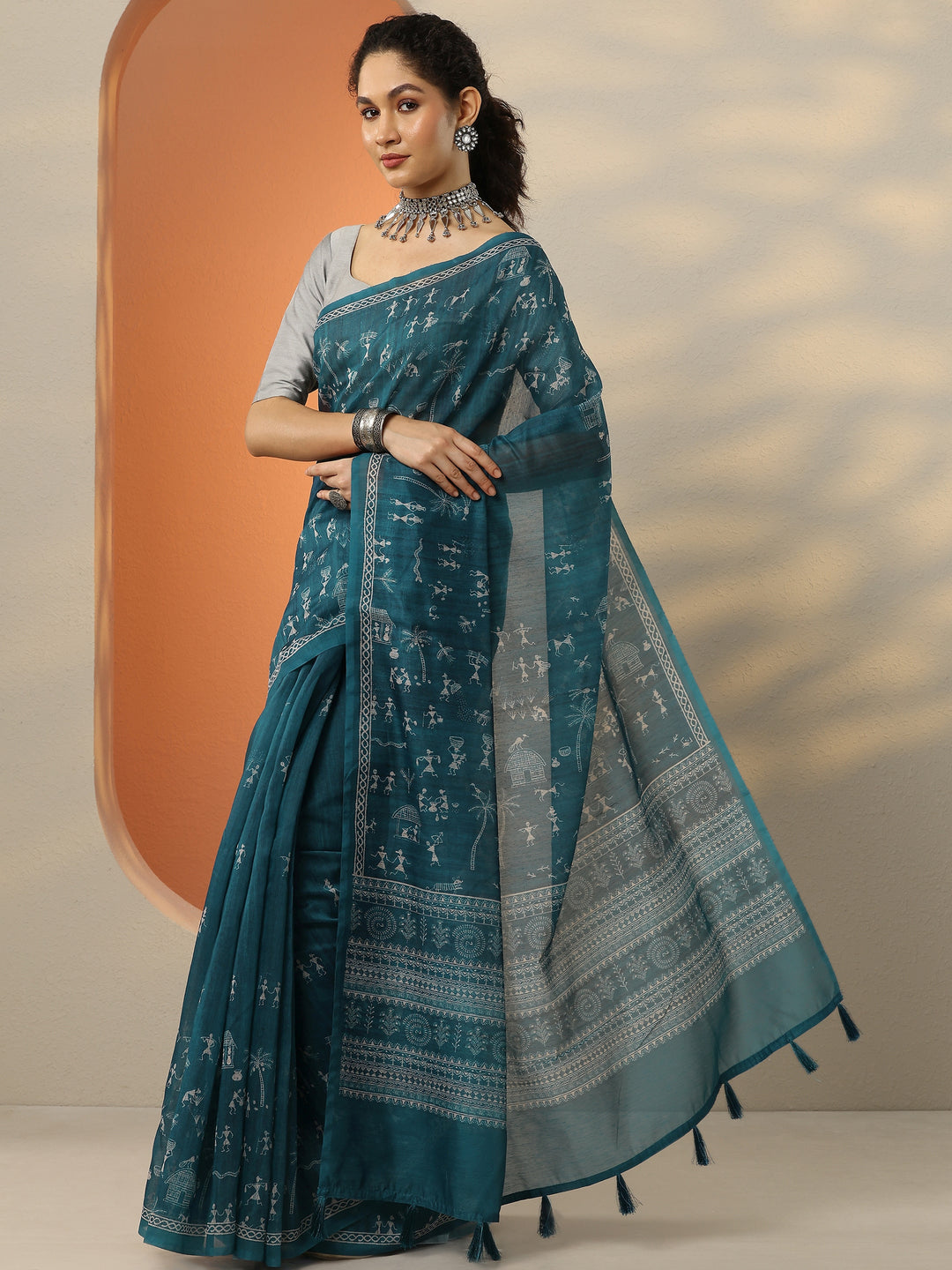  Blue Printed Silk Blend Saree With Unstitched Blouse Picece 