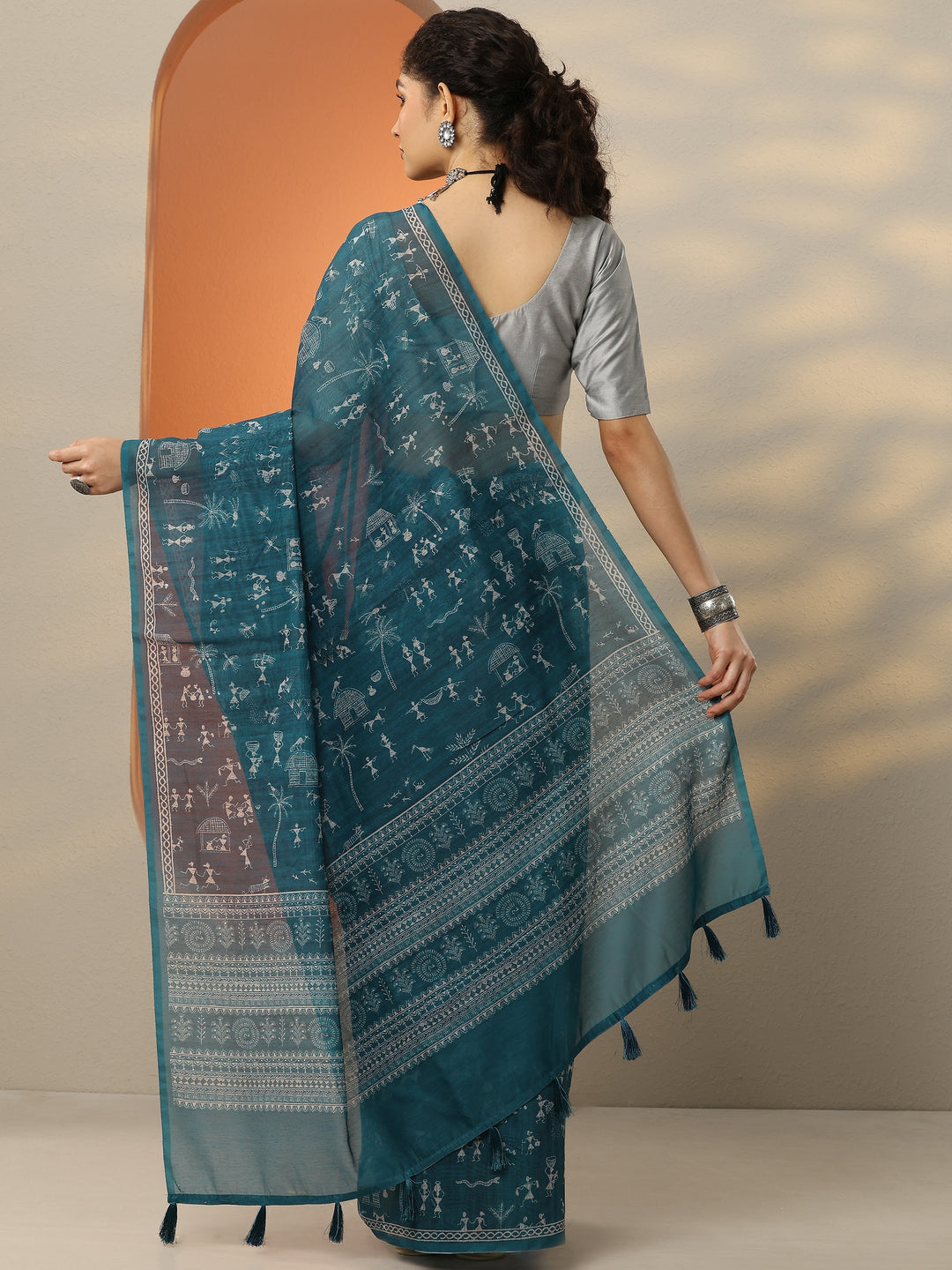  Blue Printed Silk Blend Saree With Unstitched Blouse Picece 
