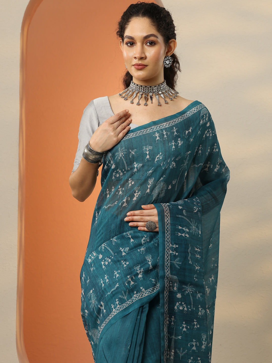  Blue Printed Silk Blend Saree With Unstitched Blouse Picece 