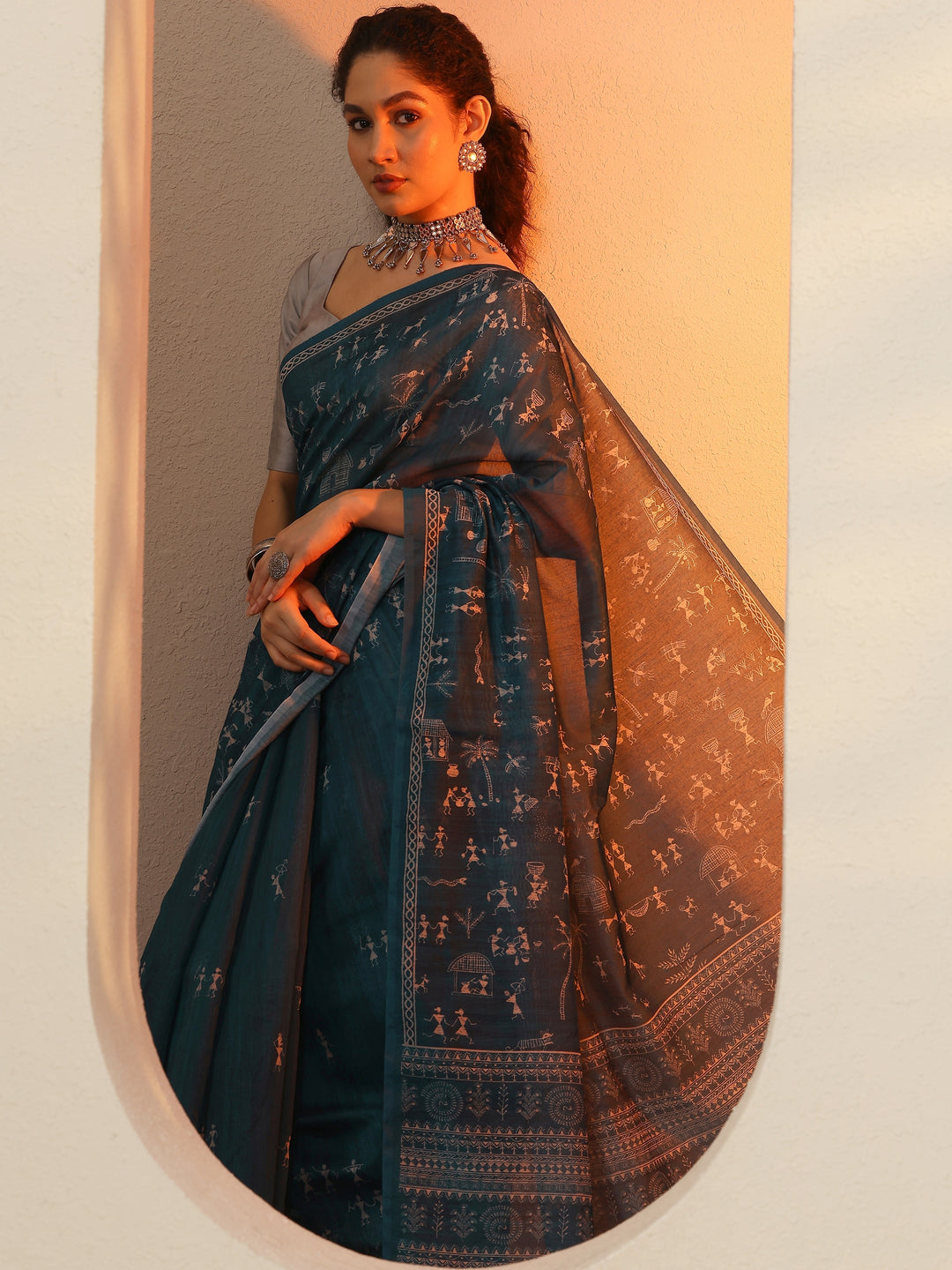 Blue Printed Silk Blend Saree With Unstitched Blouse Piece