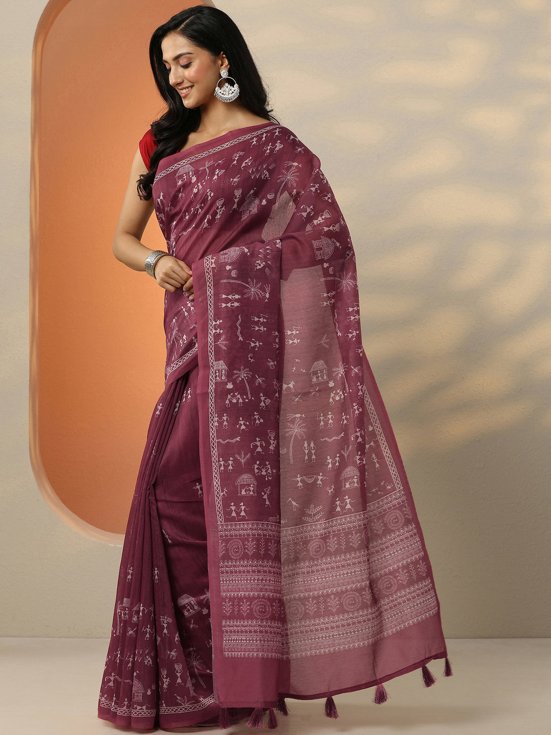  Red Printed Silk Blend Saree With Unstitched Blouse Piece 