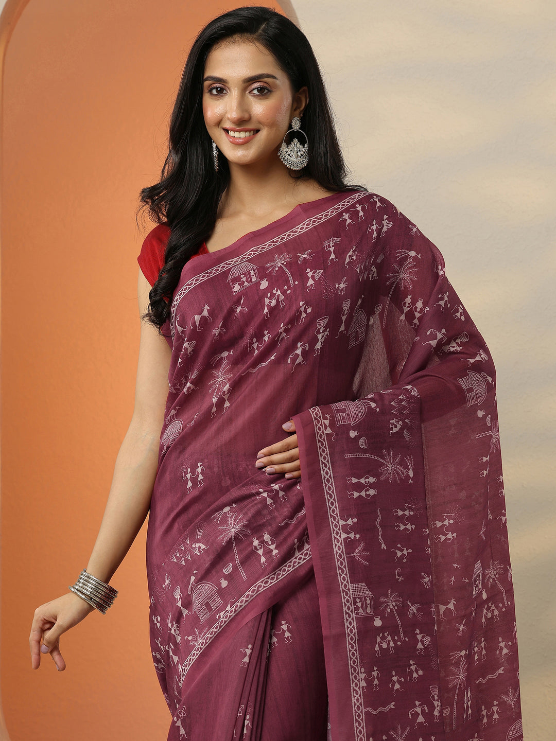  Red Printed Silk Blend Saree With Unstitched Blouse Piece 