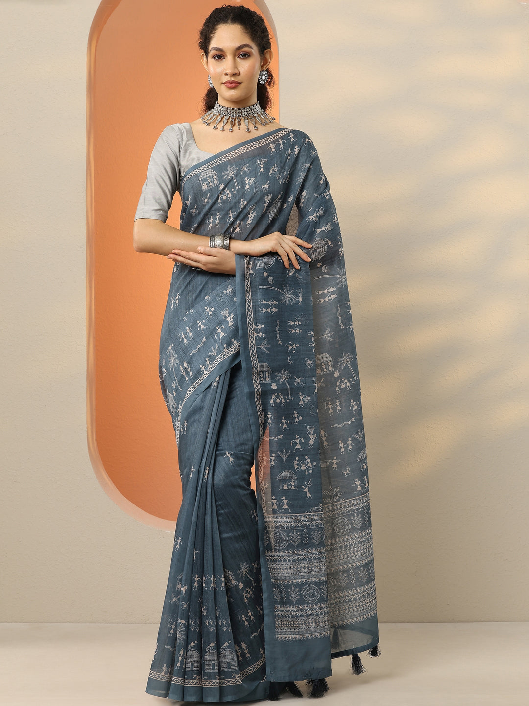  Grey Printed Silk Blend Saree With Unstitched Blouse Picece 