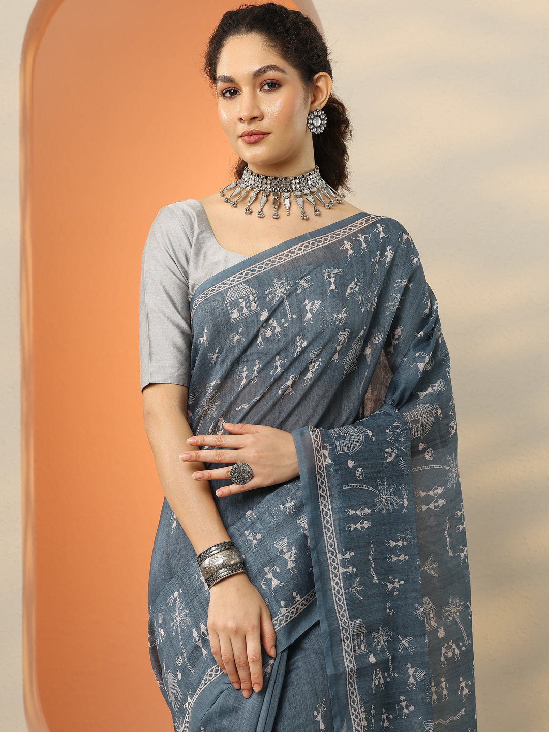  Grey Printed Silk Blend Saree With Unstitched Blouse Picece 