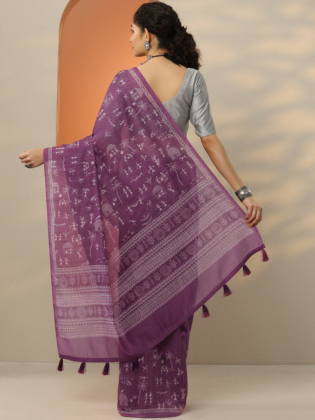  Purple Printed Silk Blend Saree With Unstitched Blouse Piece 