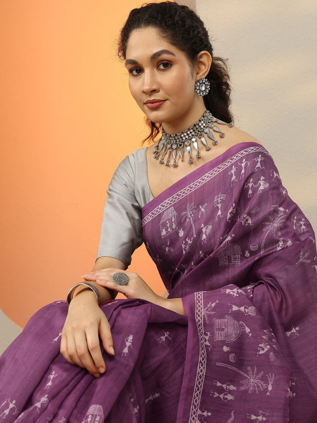  Purple Printed Silk Blend Saree With Unstitched Blouse Piece 