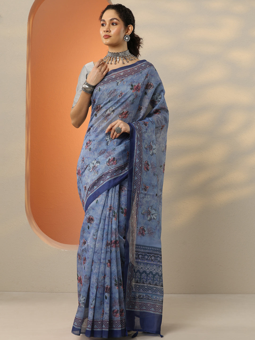  Blue Printed Silk Blend Saree With Unstitched Blouse Piece 