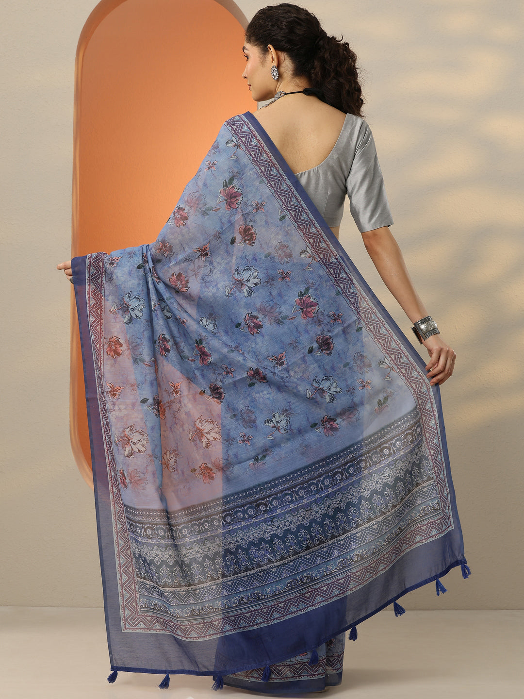  Blue Printed Silk Blend Saree With Unstitched Blouse Piece 