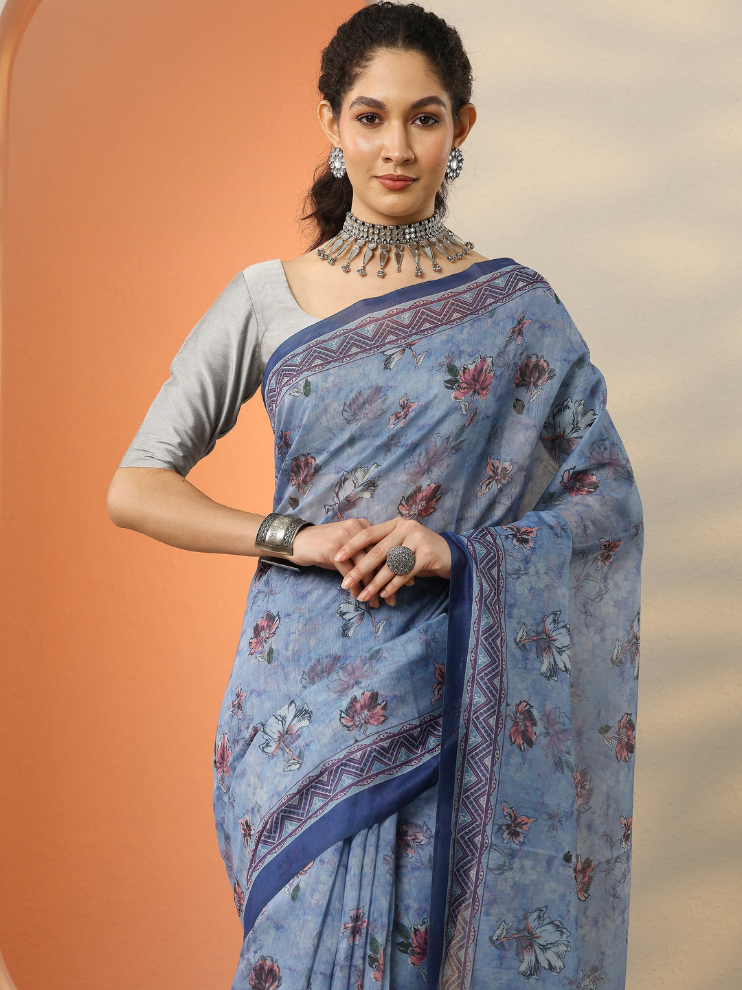  Blue Printed Silk Blend Saree With Unstitched Blouse Piece 