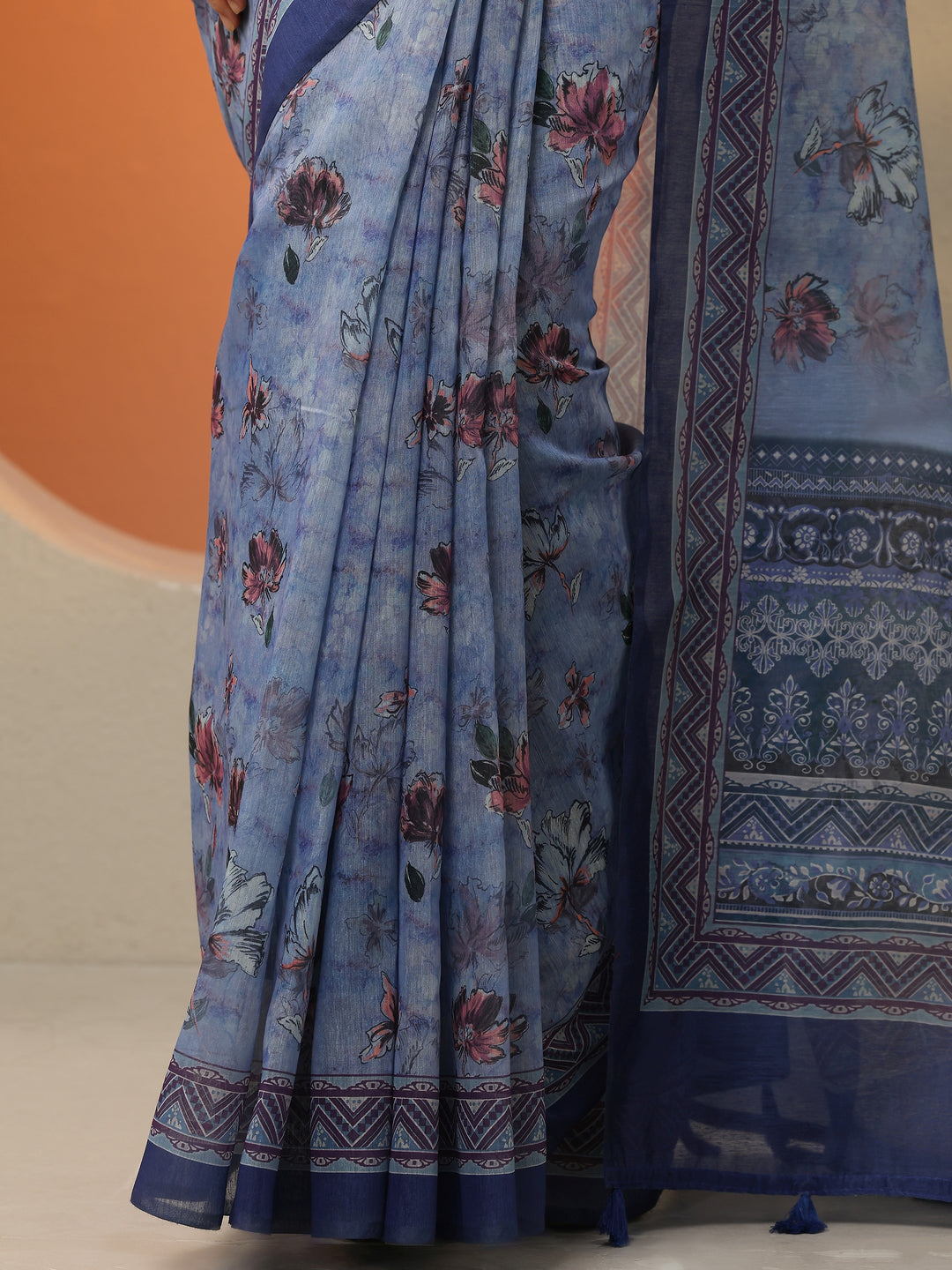  Blue Printed Silk Blend Saree With Unstitched Blouse Piece 