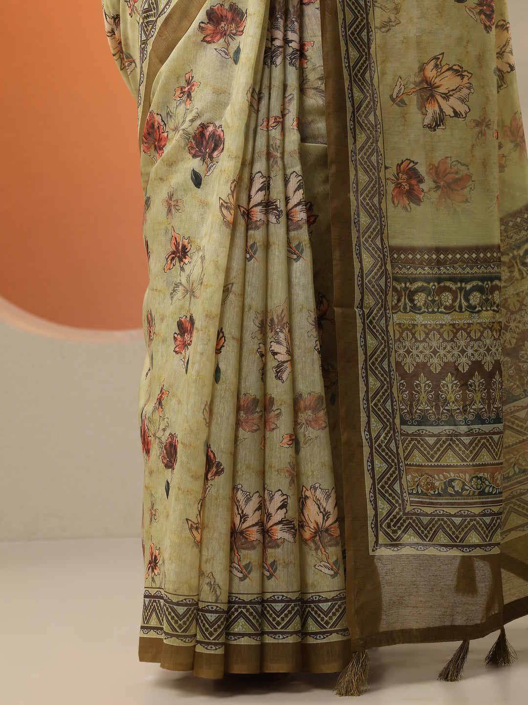  Green Printed Silk Blend Saree With Unstitched Blouse Piece 