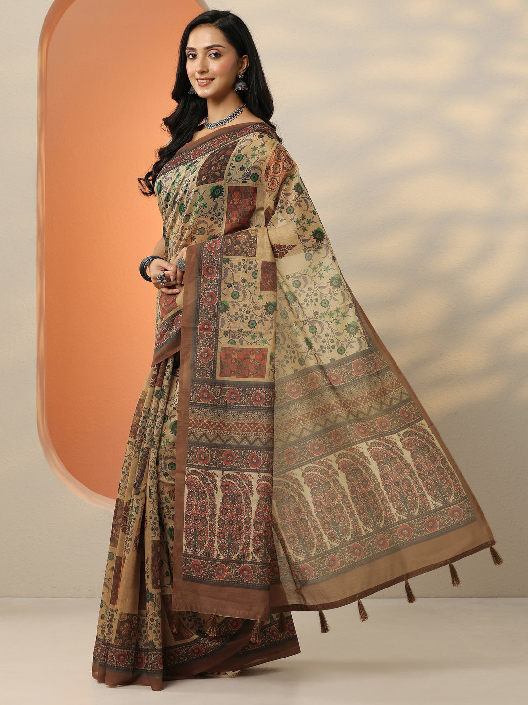  Brown Printed Silk Blend Saree With Unstitched Blouse Piece 