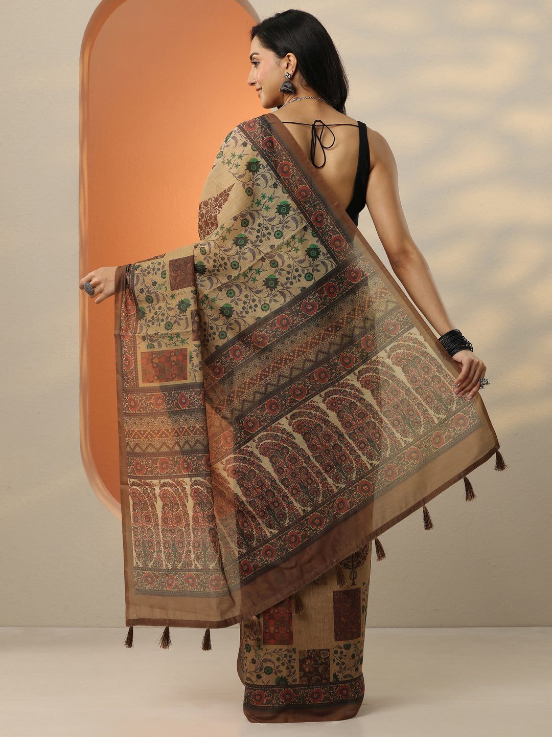  Brown Printed Silk Blend Saree With Unstitched Blouse Piece 
