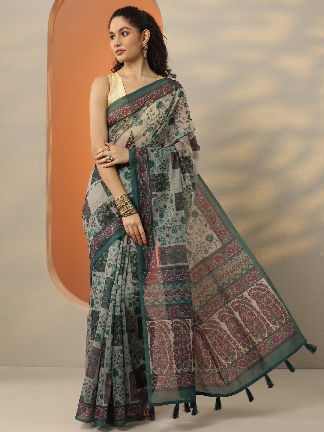  Blue Printed Silk Blend Saree With Unstitched Blouse Piece 
