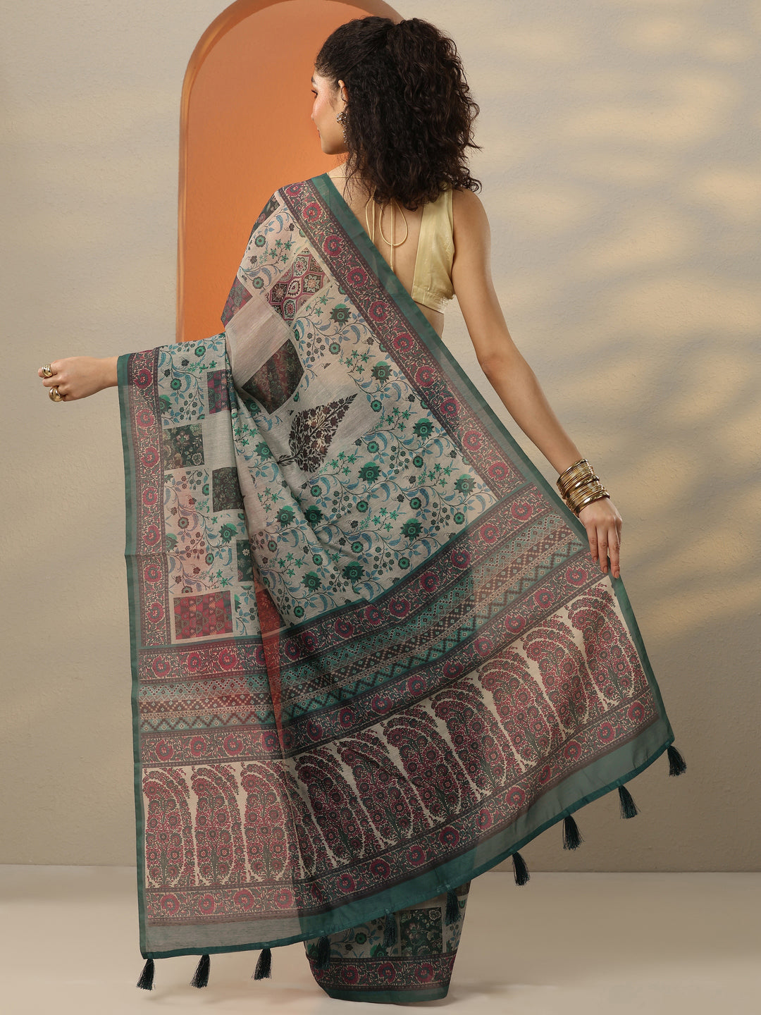  Blue Printed Silk Blend Saree With Unstitched Blouse Piece 