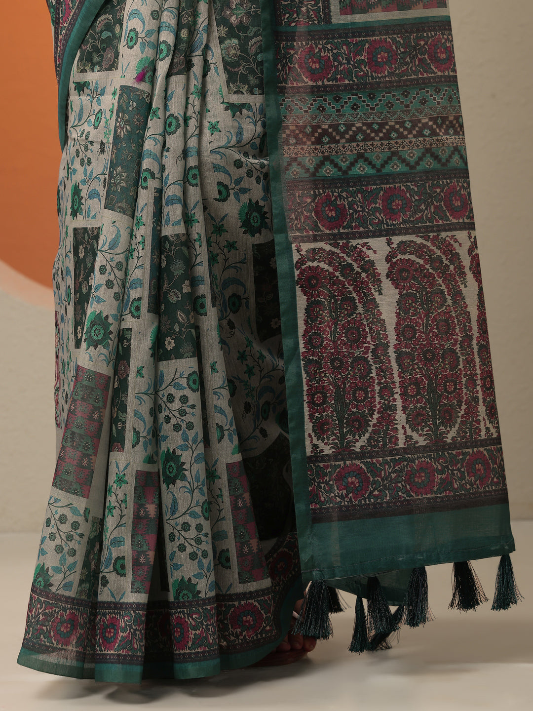  Blue Printed Silk Blend Saree With Unstitched Blouse Piece 