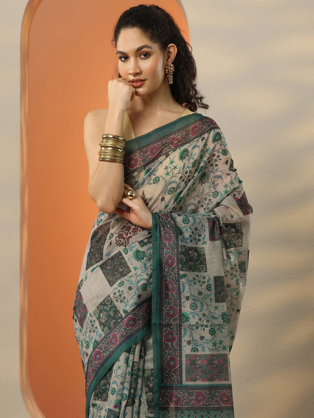  Blue Printed Silk Blend Saree With Unstitched Blouse Piece 