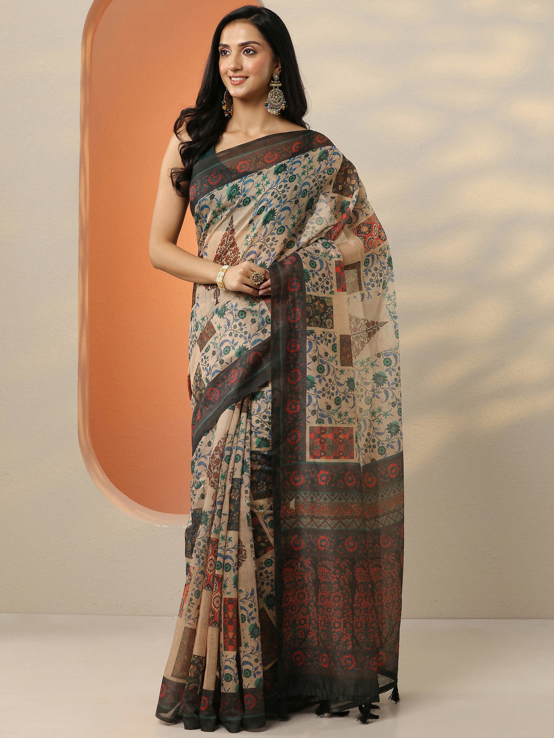  Beige Printed Silk Blend Saree With Unstitched Blouse Piece 