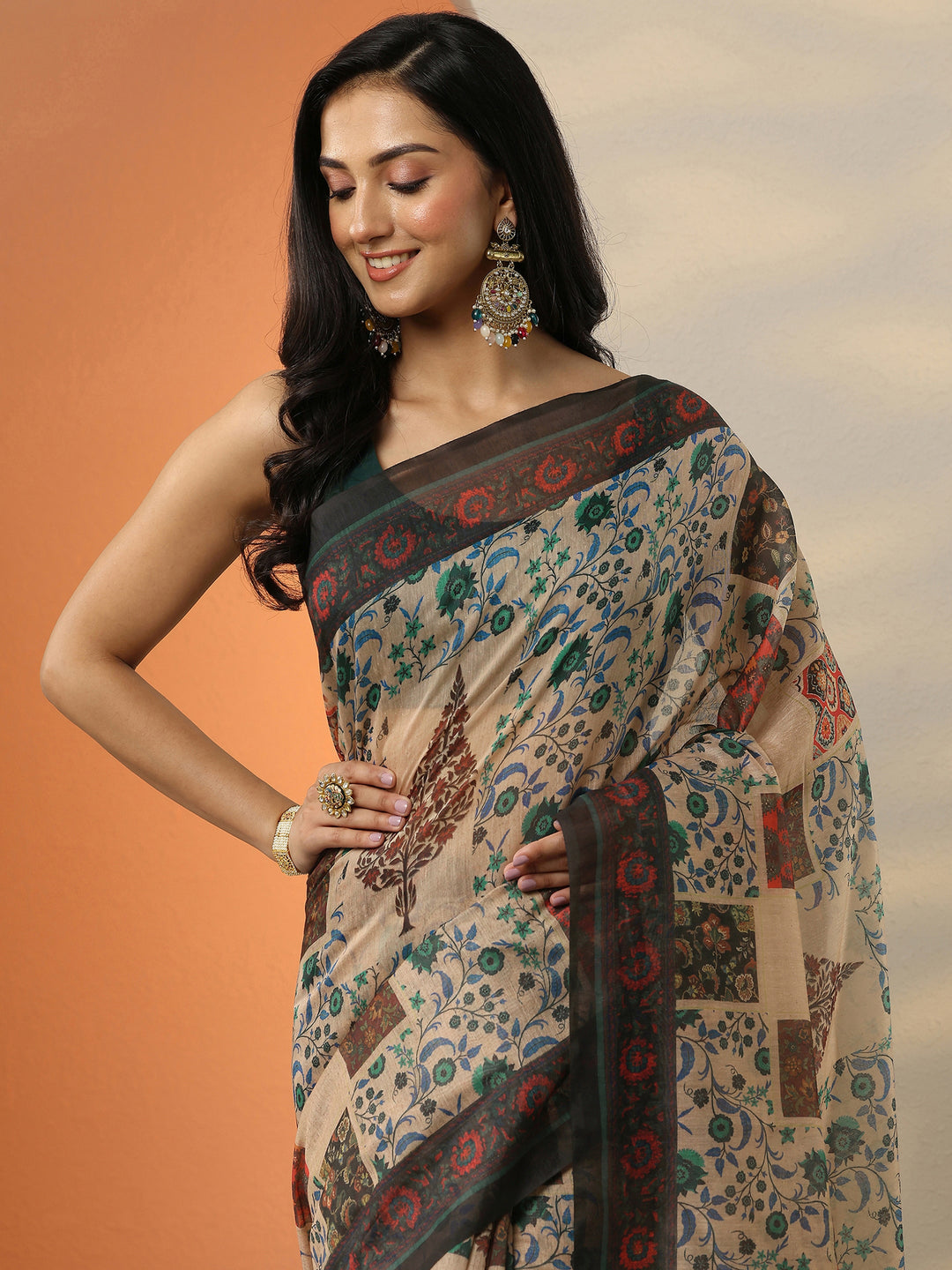  Beige Printed Silk Blend Saree With Unstitched Blouse Piece 
