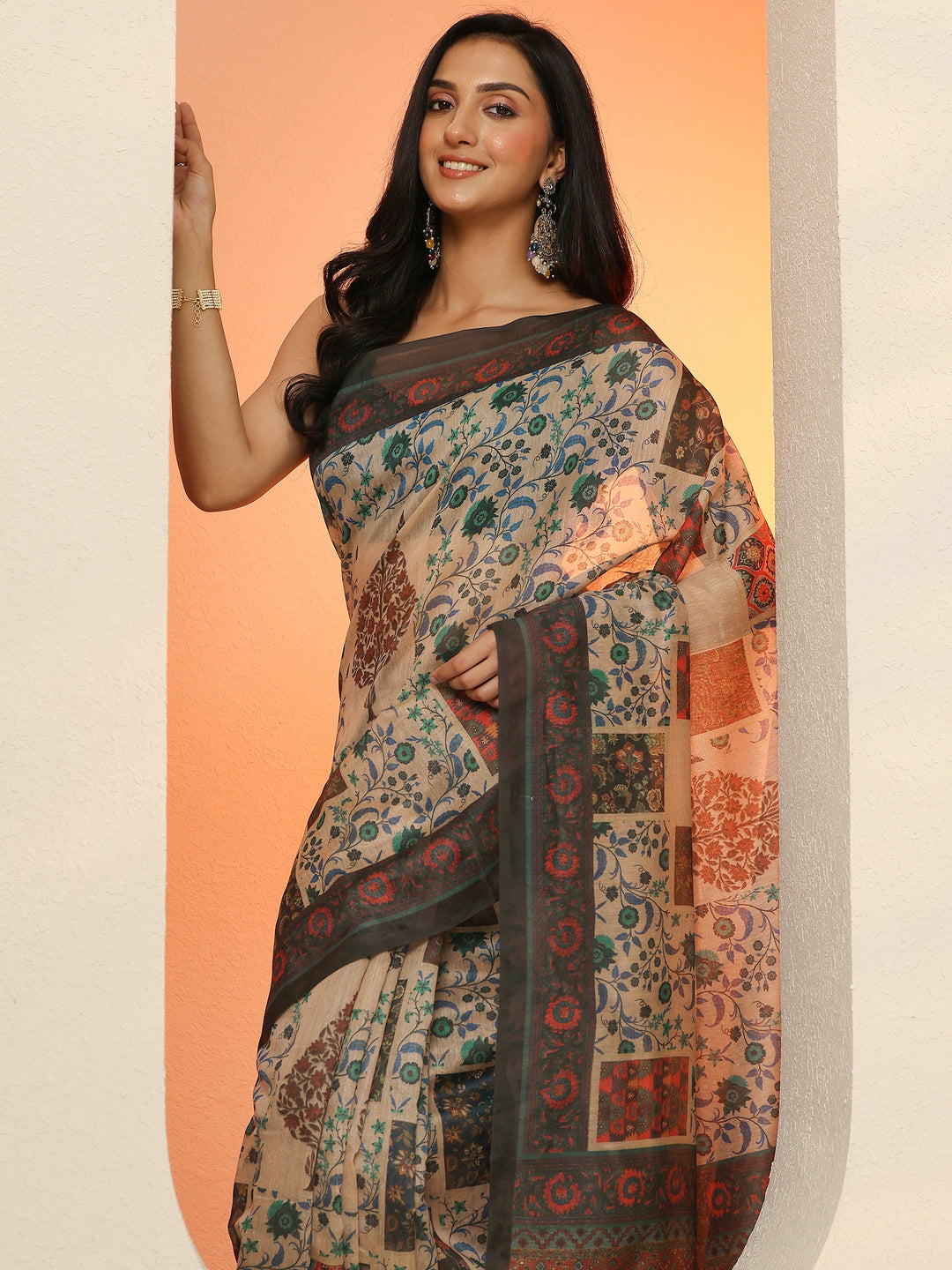  Beige Printed Silk Blend Saree With Unstitched Blouse Piece 
