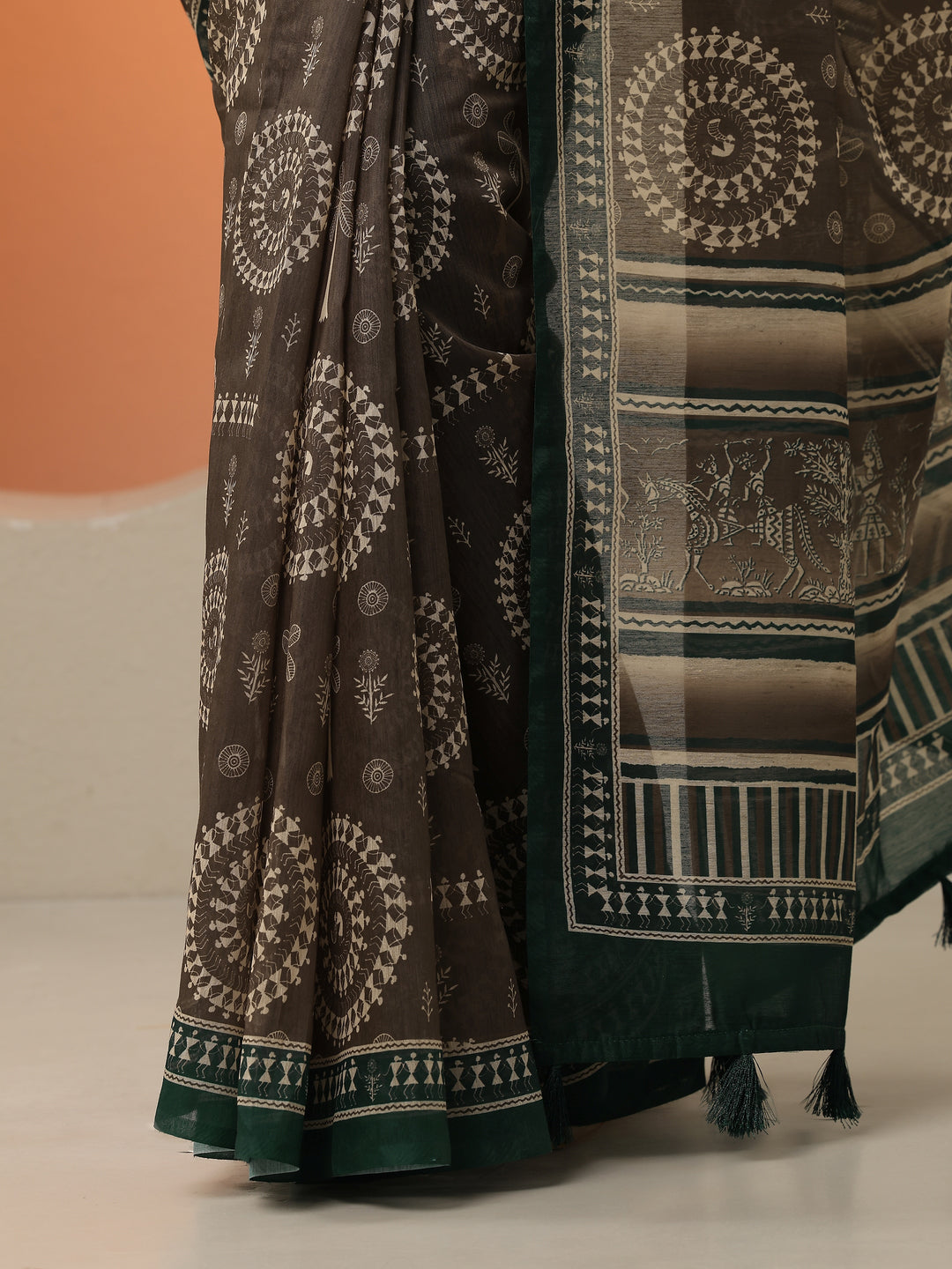  Brown Printed Silk Blend Saree With Unstitched Blouse Piece 