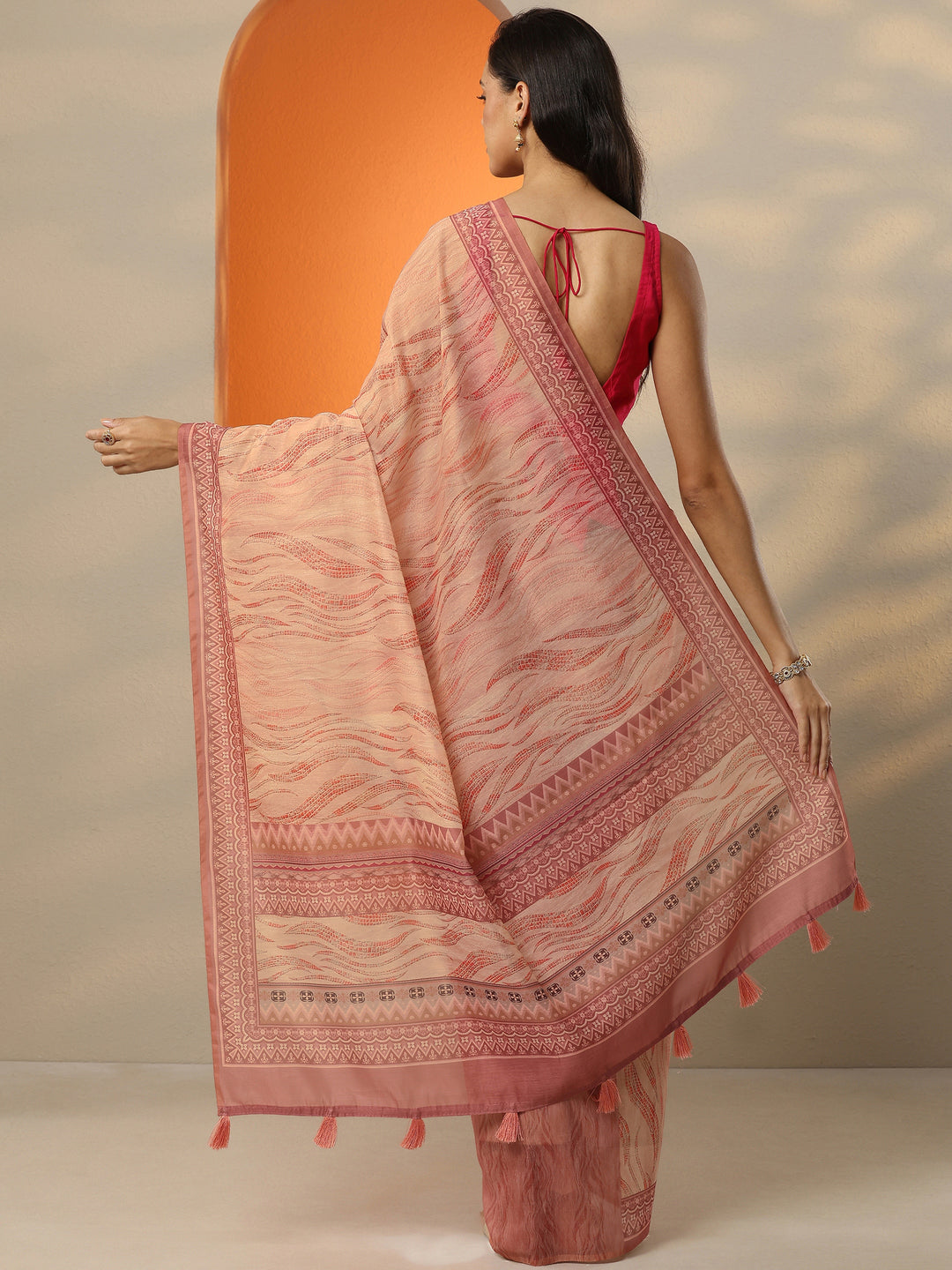  Coral Printed Silk Blend Saree With Unstitched Blouse Piece 