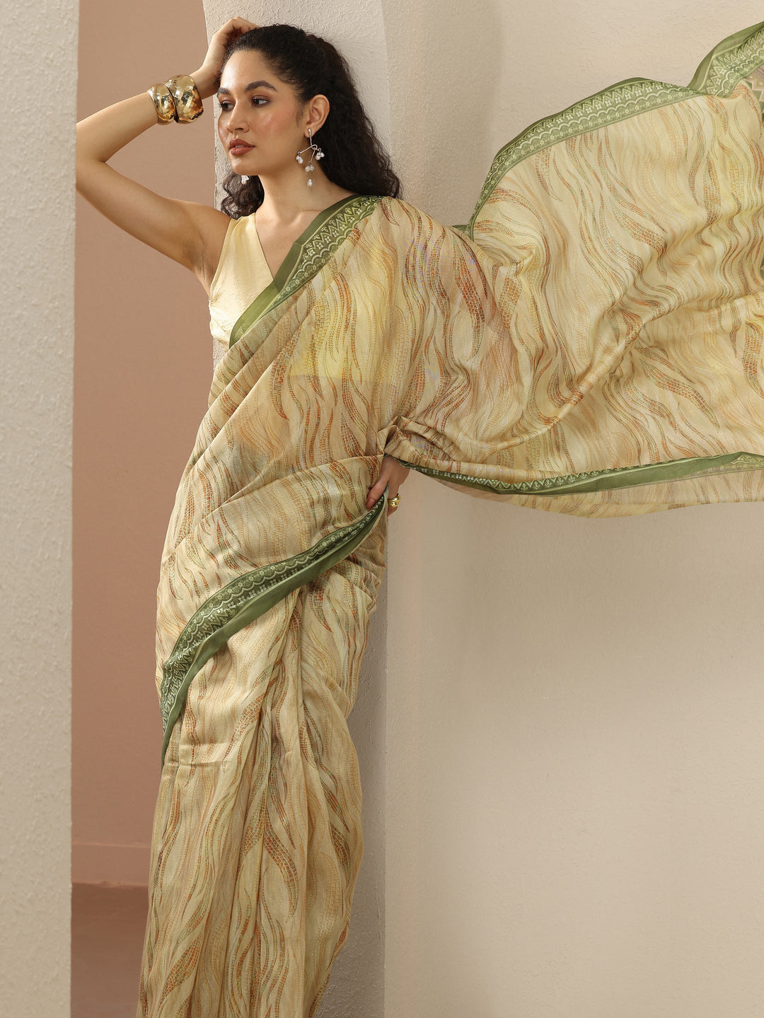  Beige Printed Silk Blend Saree With Unstitched Blouse Piece 