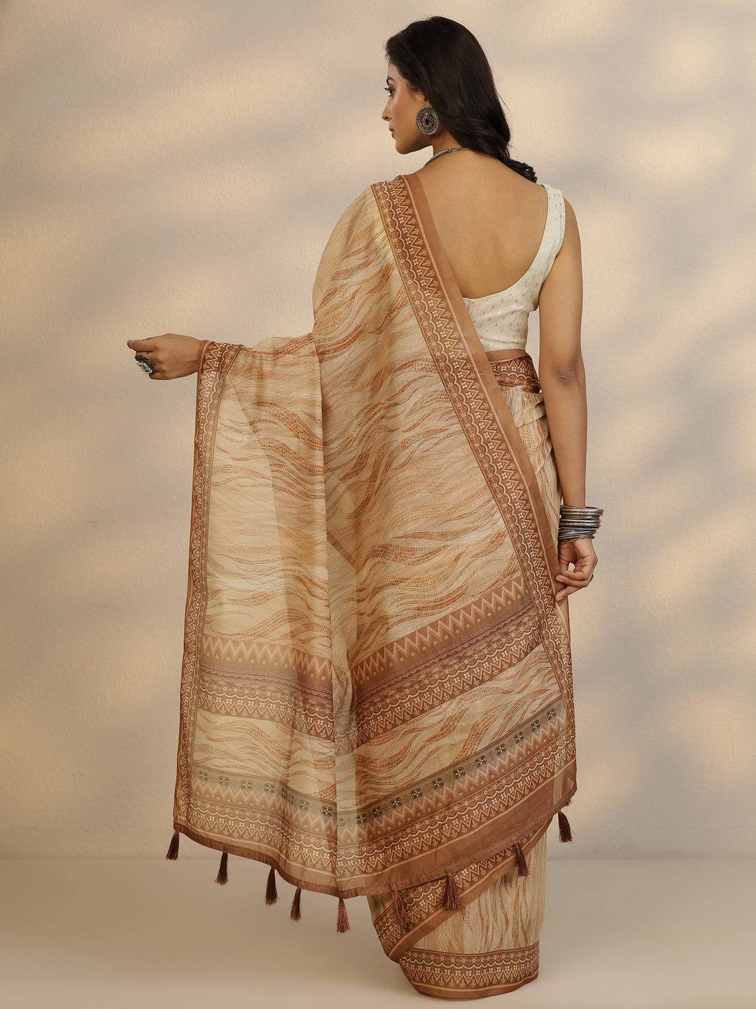  Orange Printed Silk Blend Saree With Unstitched Blouse Piece 