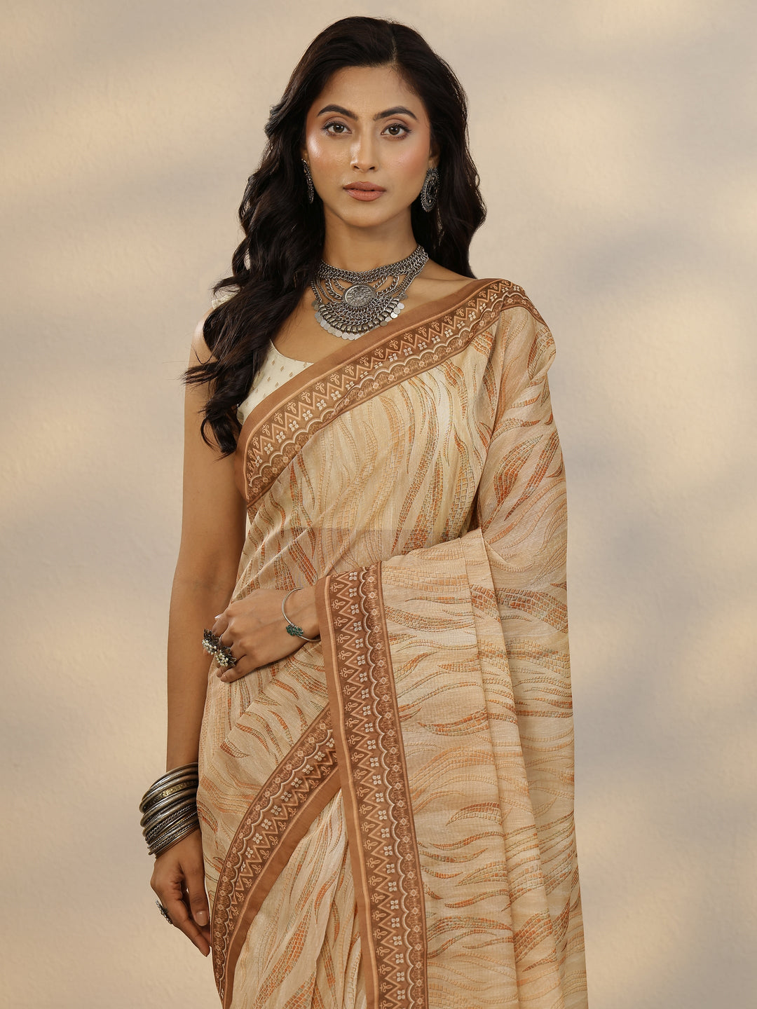 Orange Printed Silk Blend Saree With Unstitched Blouse Piece 