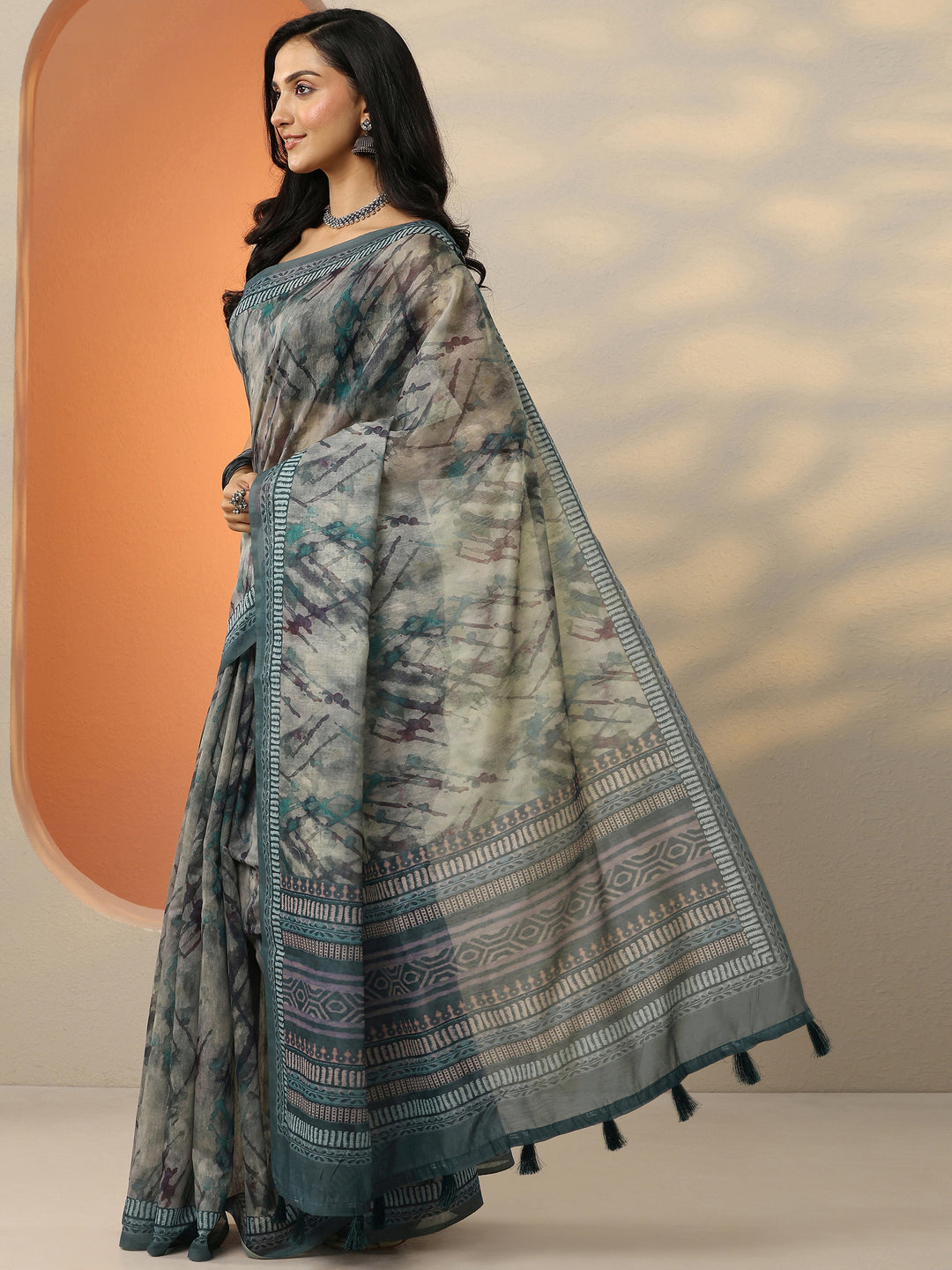  Blue Printed Silk Blend Saree With Unstitched Blouse Picece 