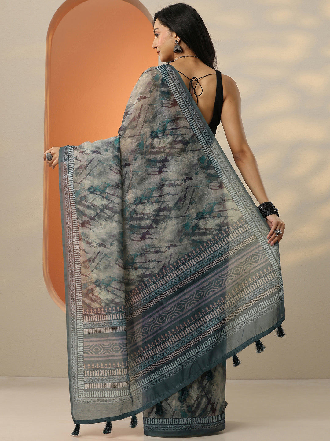  Blue Printed Silk Blend Saree With Unstitched Blouse Picece 