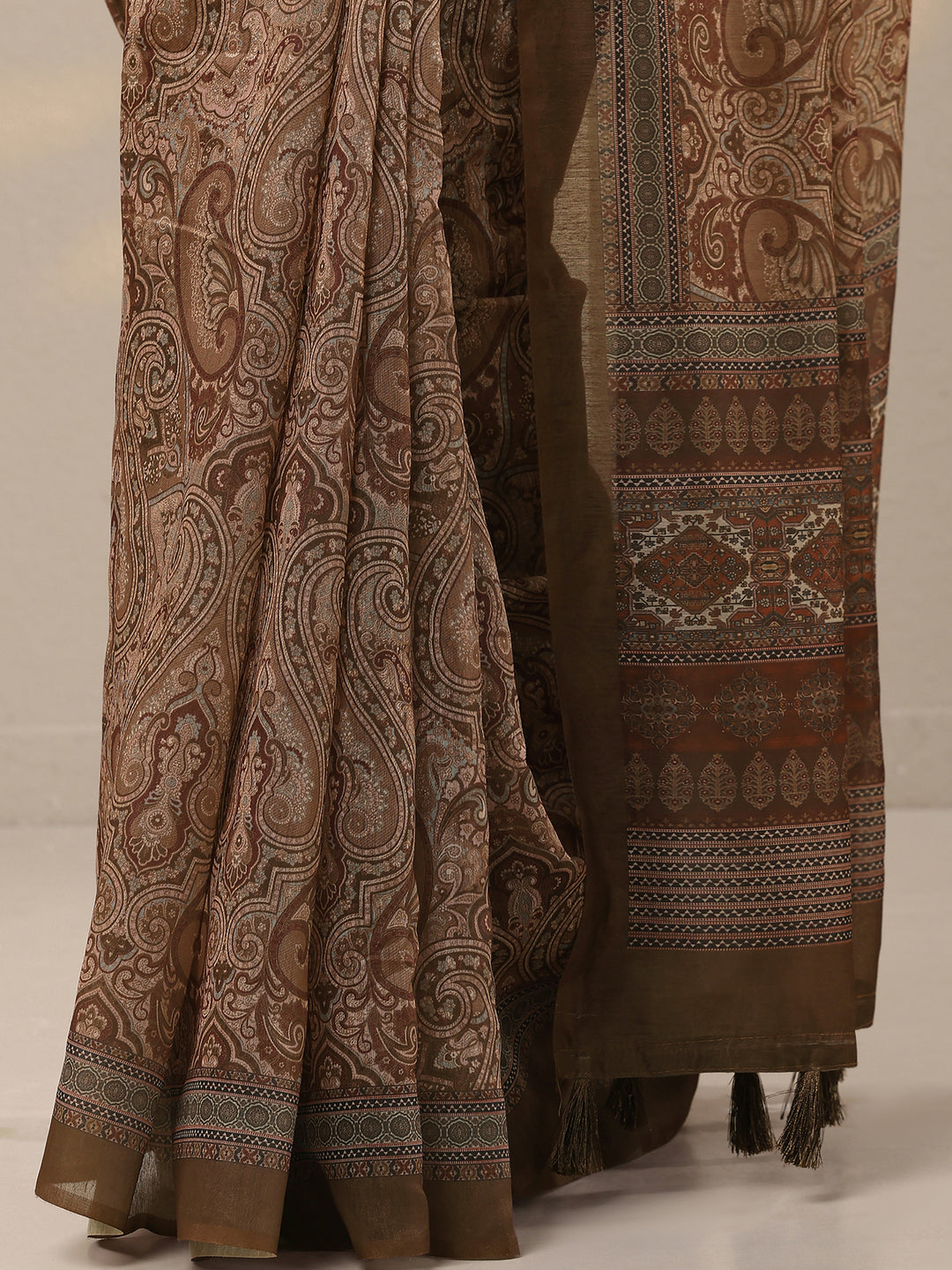  Brown Printed Silk Blend Saree With Unstitched Blouse Piece 