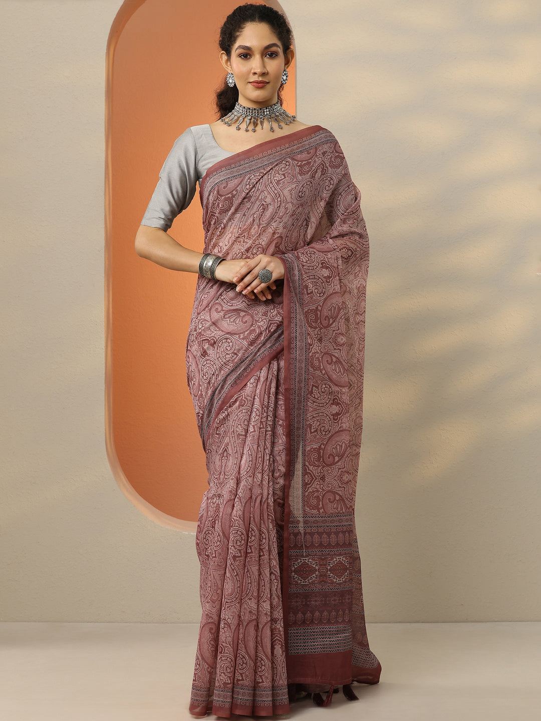  Pink Printed Silk Blend Saree With Unstitched Blouse Picece 