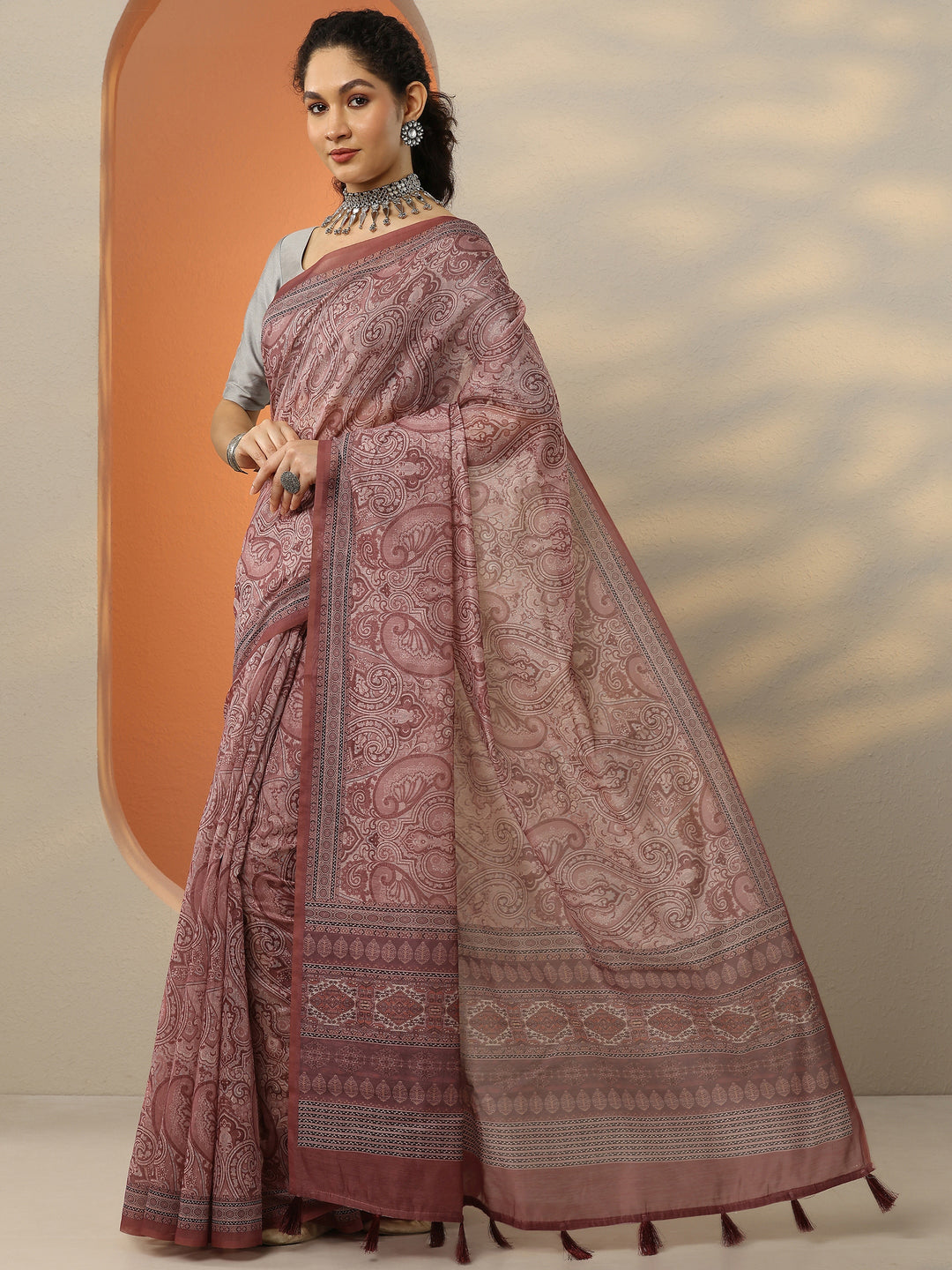  Pink Printed Silk Blend Saree With Unstitched Blouse Picece 