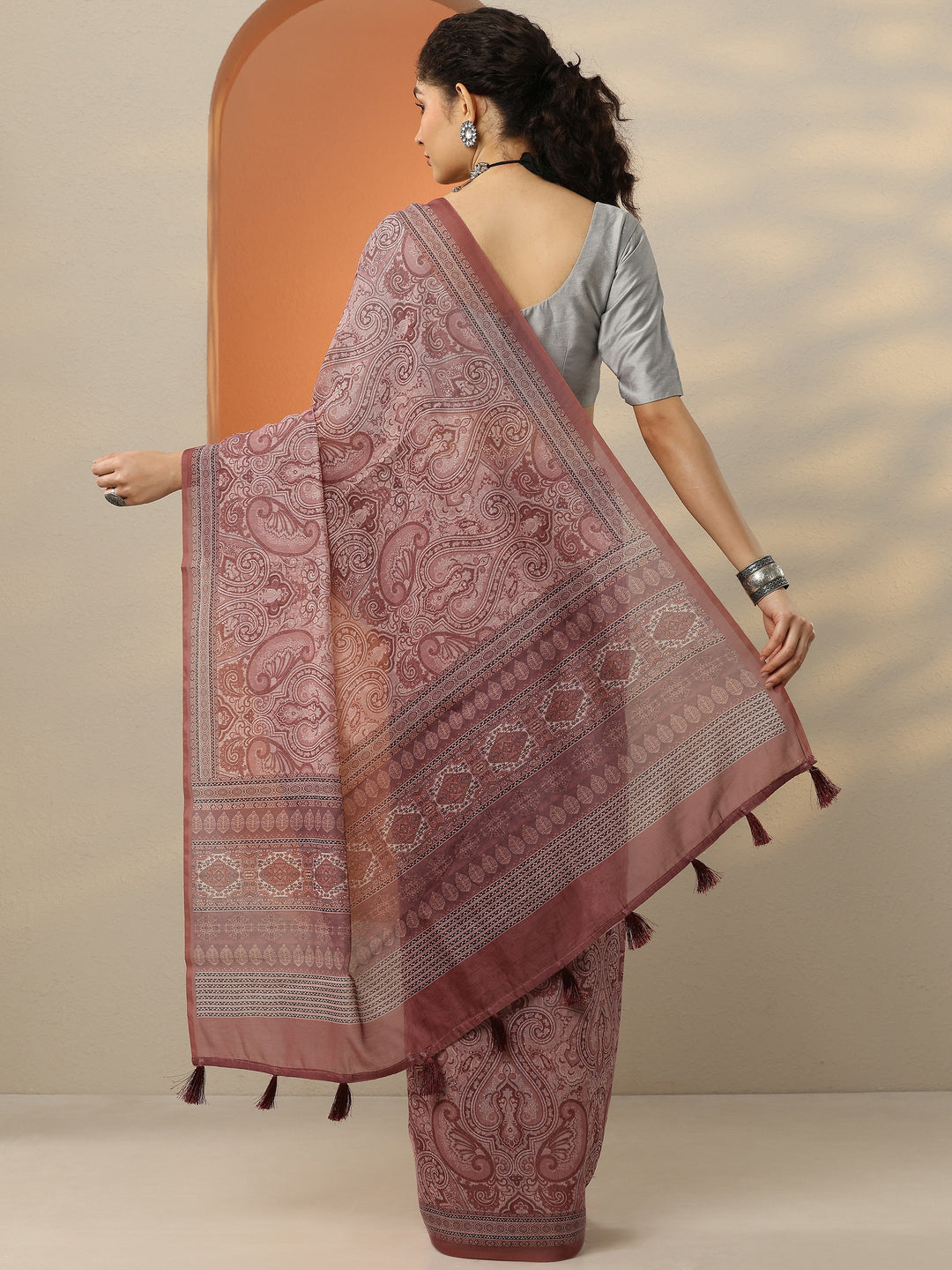  Pink Printed Silk Blend Saree With Unstitched Blouse Picece 