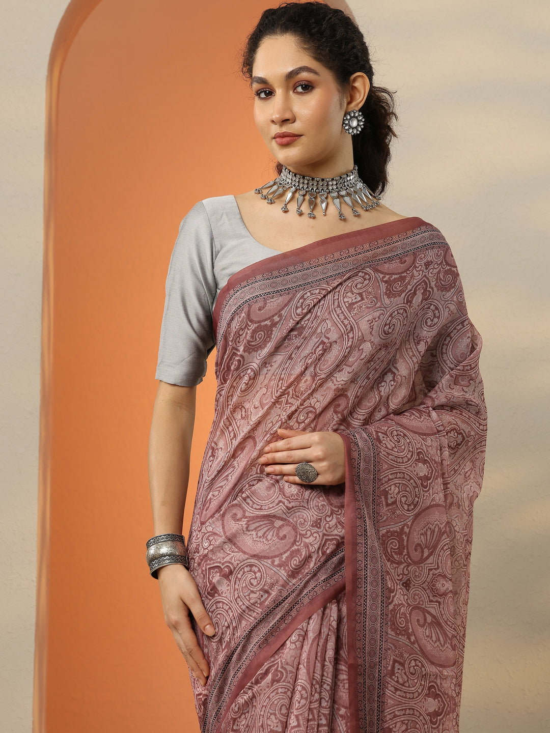  Pink Printed Silk Blend Saree With Unstitched Blouse Picece 