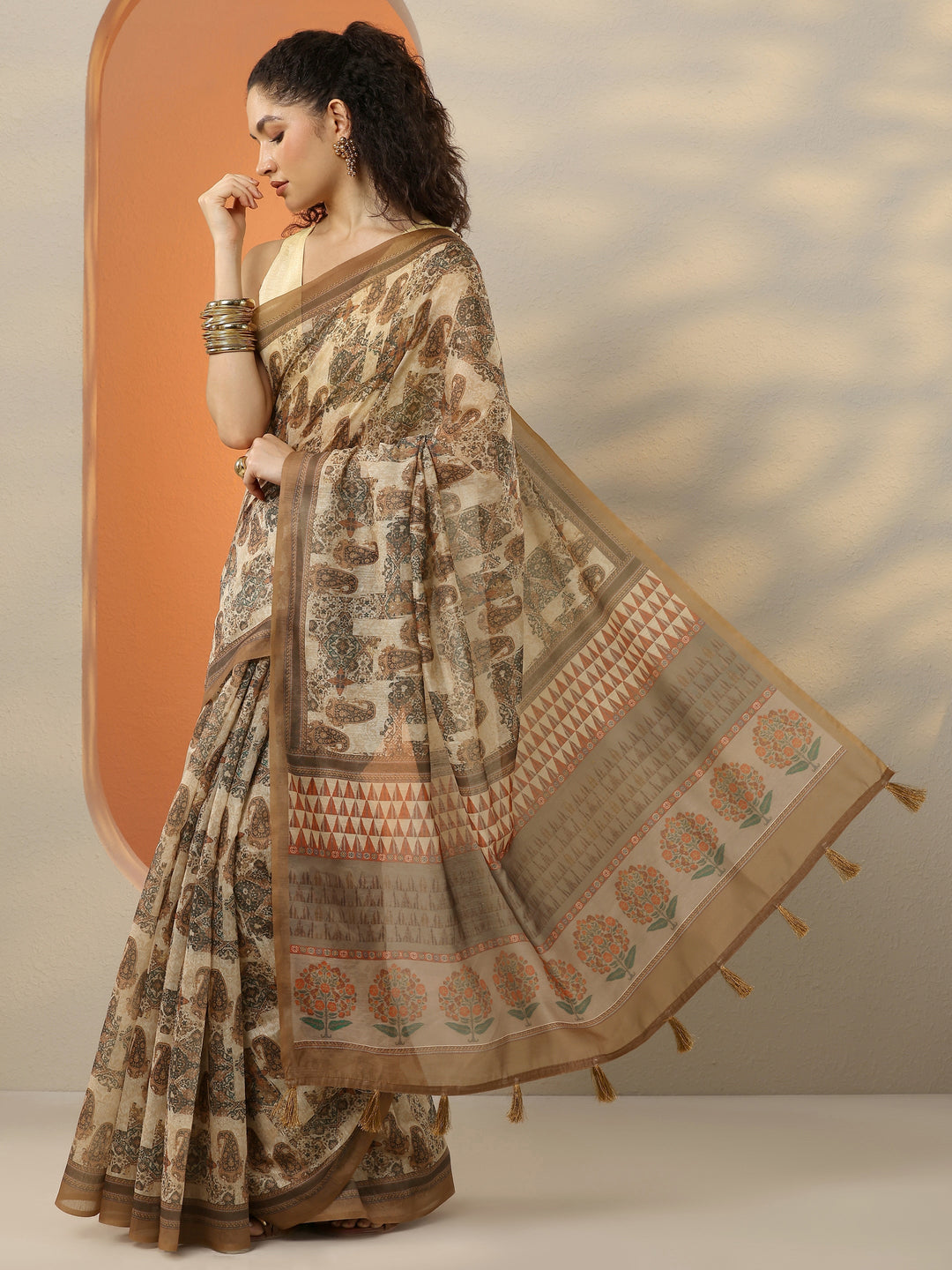  Brown Printed Silk Blend Saree With Unstitched Blouse Piece 